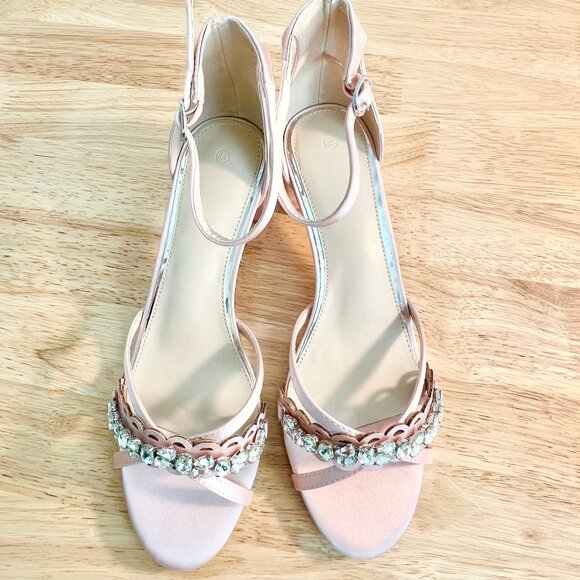 Women's 8.5 US Ballet Pink Satin Rhinestone Embellished Formal Sandal Heels - Picture 8 of 10